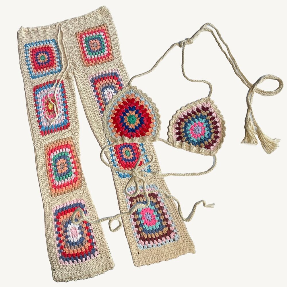 Fashion Nova Aubree Colourful Crochet Pant Set with Leg Slits Size Small